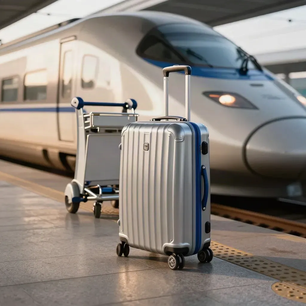 Valigia silver in banchina con treno veloce in arrivo sfocato e carrello bagagli dietro