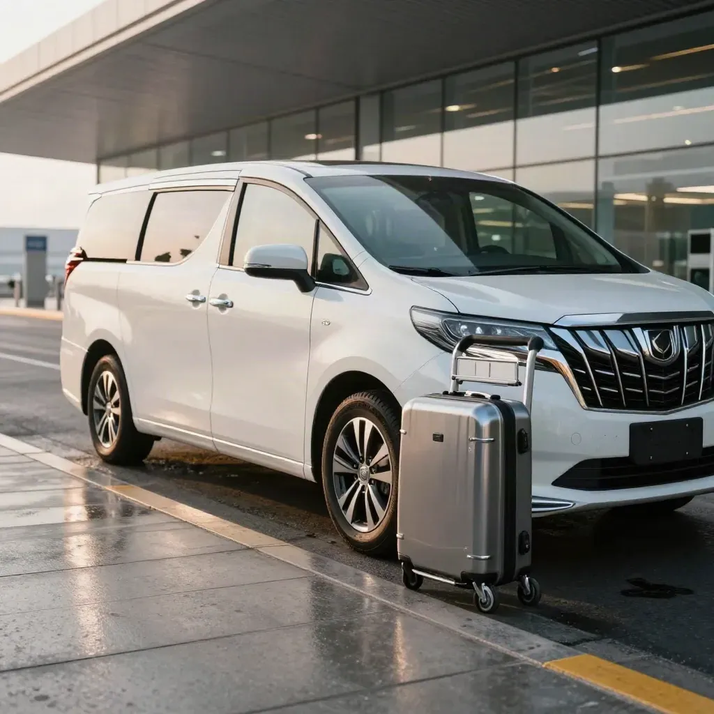 Minivan bianca in attesa all’aeroporto con carrello bagagli e pavimento bagnato.