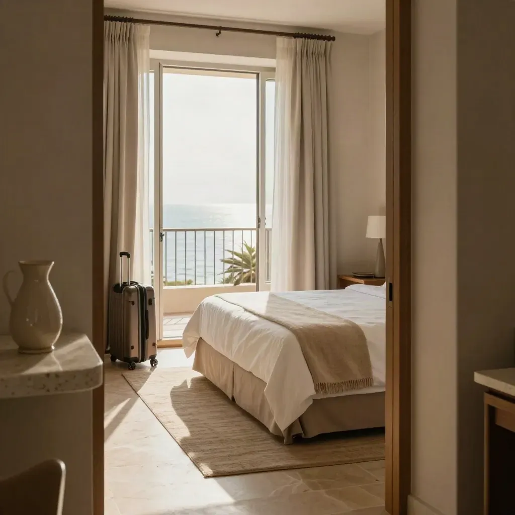Camera pronta con letto ordinato, caraffa e valigia accanto alla porta balcone aperta alla luce