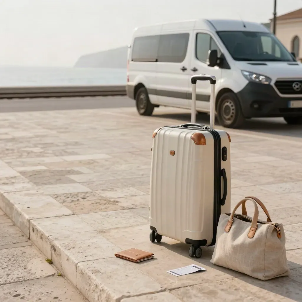 Valigia aperta, passaporto, borsa di lino e van bianco in un forecourt d’hotel sul mare.