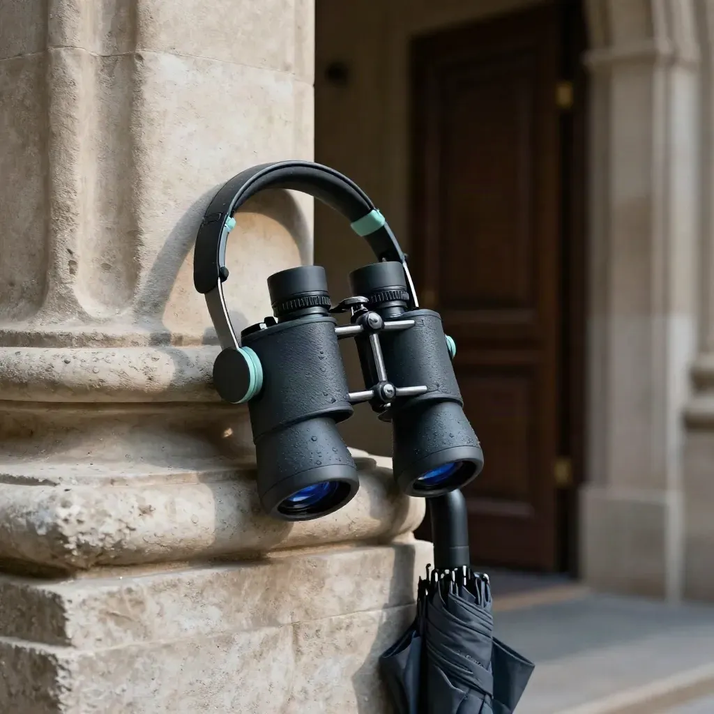 Set per tour privato in un chiostro di museo, con cuffie audio, binocoli e ombrello.