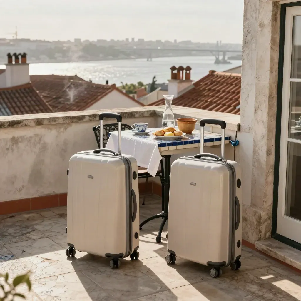 Terrazza di Lisbona con due trolley, tavolo in piastrelle e colazione vista Tago.