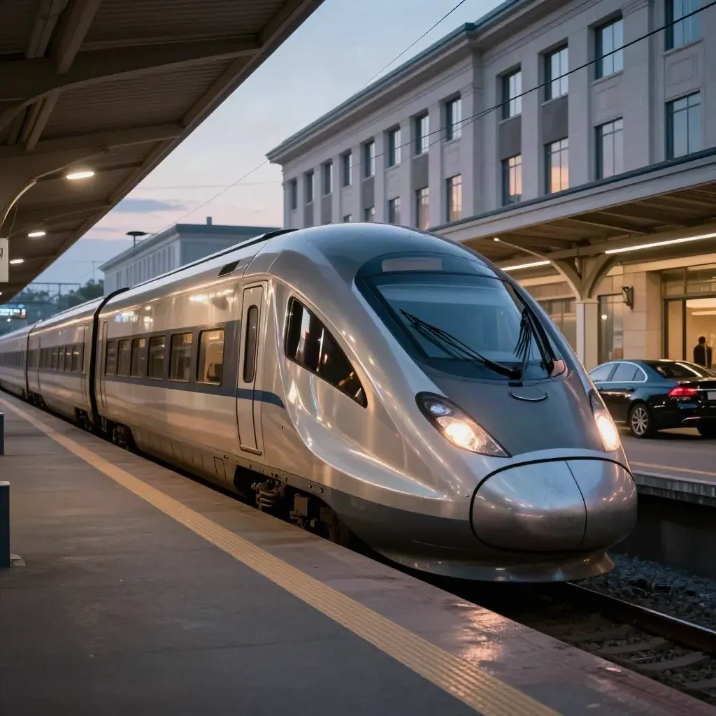 Treno intercity pronto al binario con hotel business e sedan in attesa per il transfer serale.