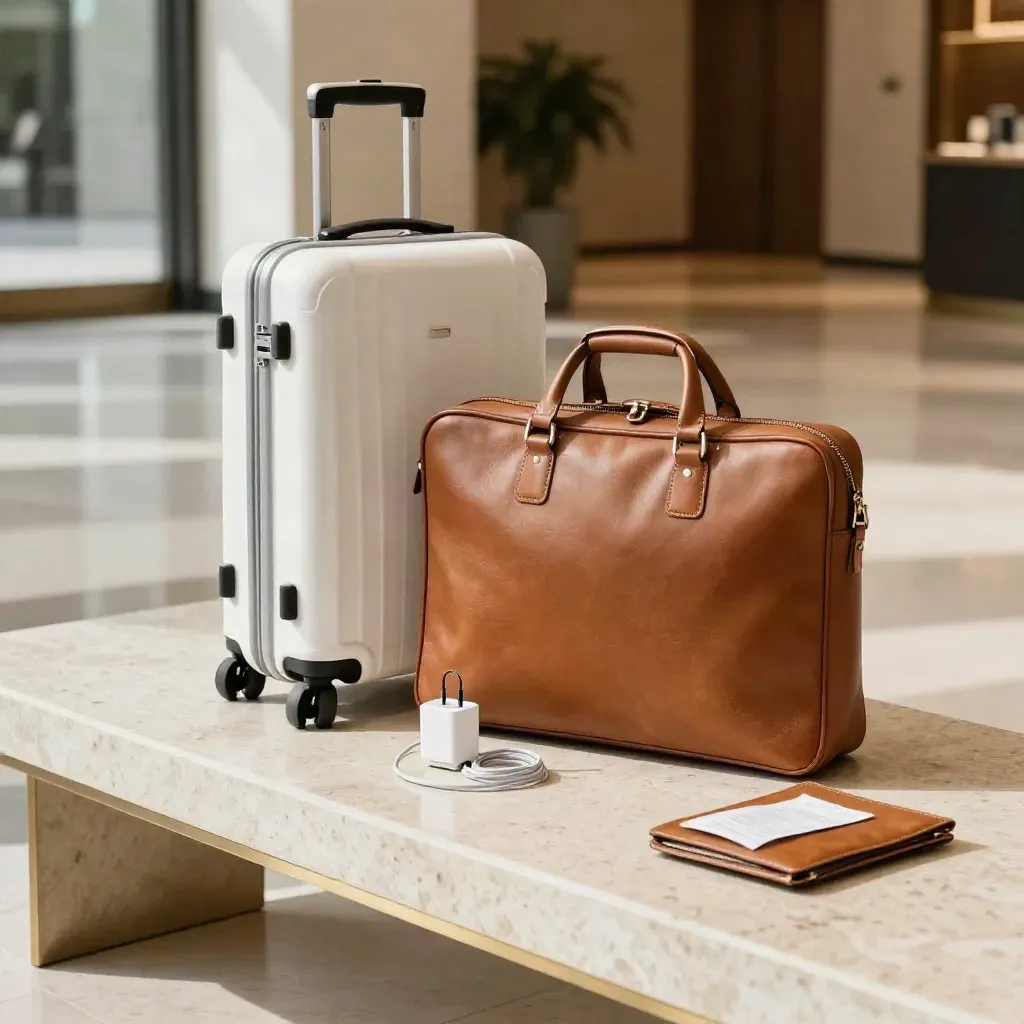 Borsa business e valigia pronta su una panca in travertino, in una lobby d’hotel luminosa.