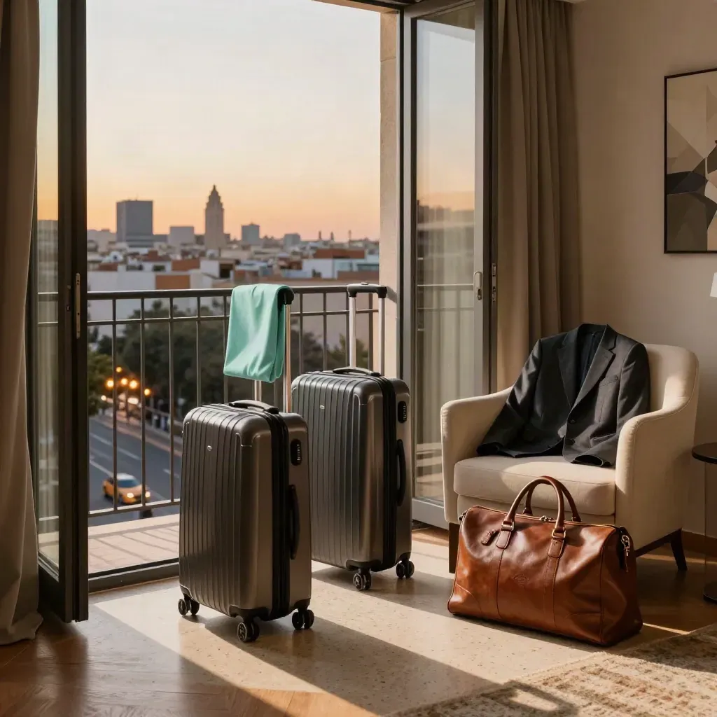 Suite d’hotel a Valencia con valigie pronte, balcone aperto e taxi nel vialetto al crepuscolo.