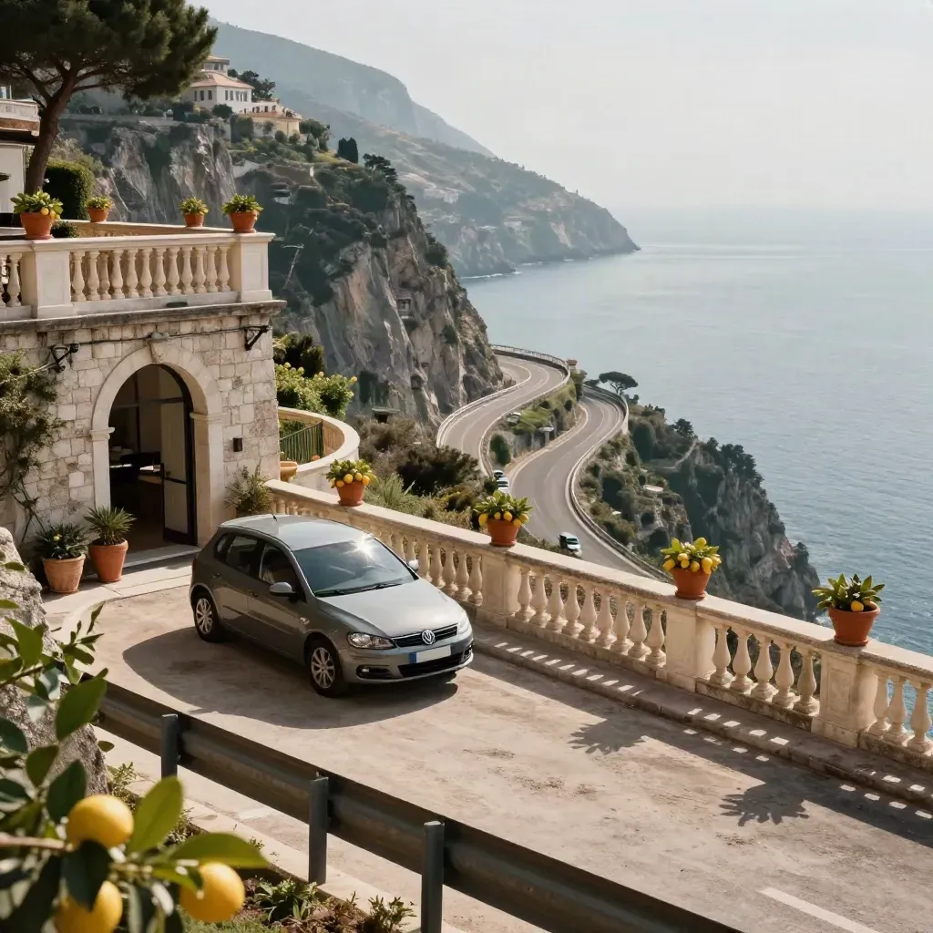 Auto a noleggio su strada costiera siciliana, hotel sulla scogliera e agrumi.