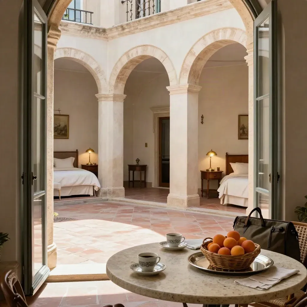 Appartamento romano con quattro camere pronte e colazione nel cortile sotto archi in pietra