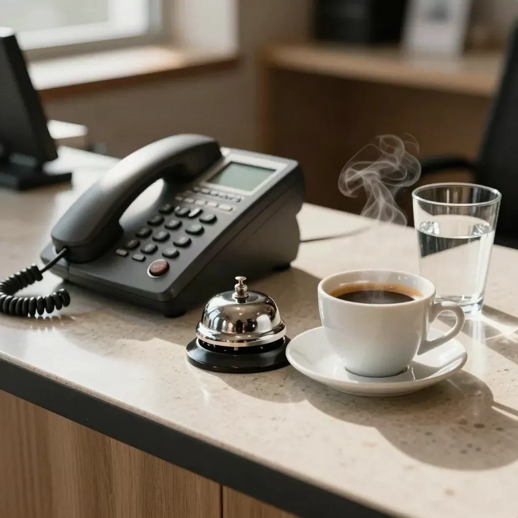 Telefono da banco, campanello, tazzina e bicchiere d'acqua su un banco viaggi in luce soffusa.