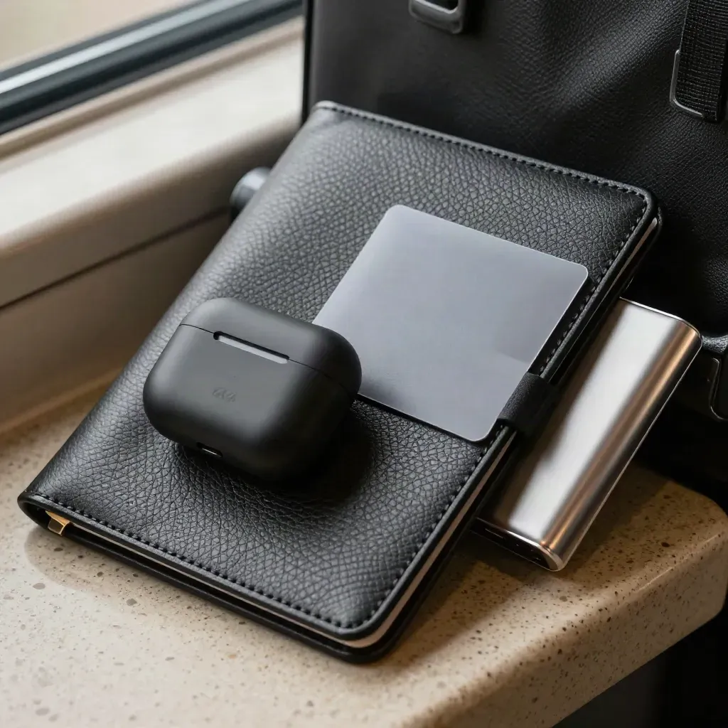 Kit corporate da viaggio: folio in pelle, auricolari, sleeve biglietti e power bank su travertino sabbia.