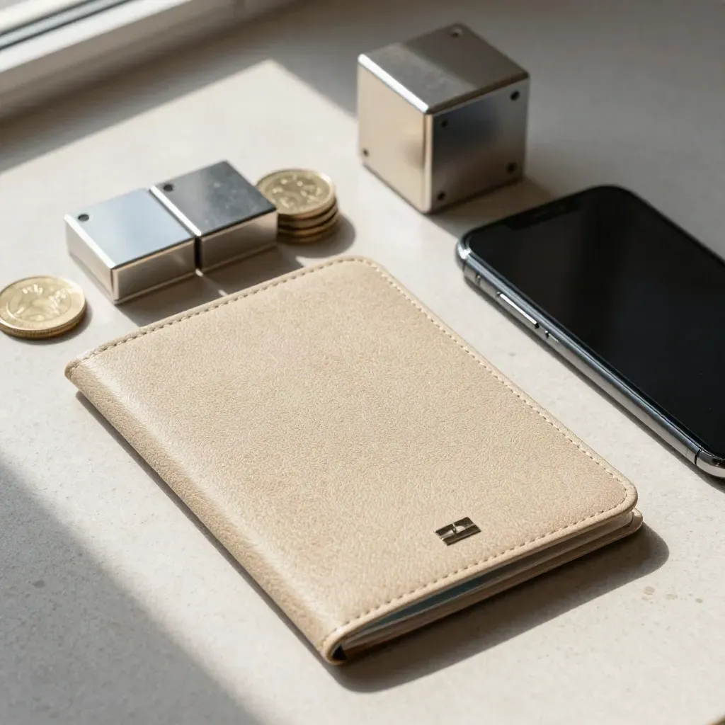 Flatlay con passaporto, smartphone, cubo calendario e monete su pietra chiara.