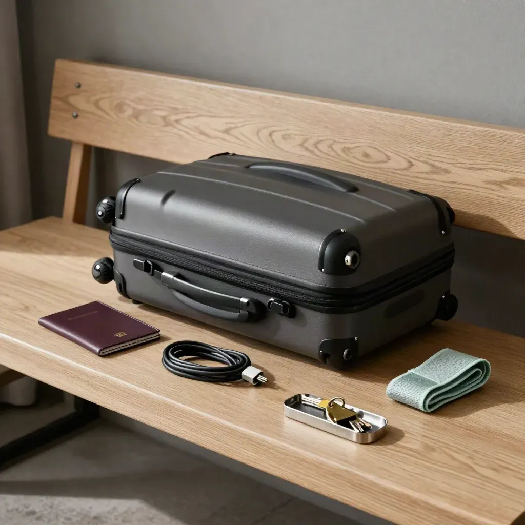 Kit viaggio su panca in legno chiaro con trolley chiuso, portapassaporto, cavo e vassoio chiavi.