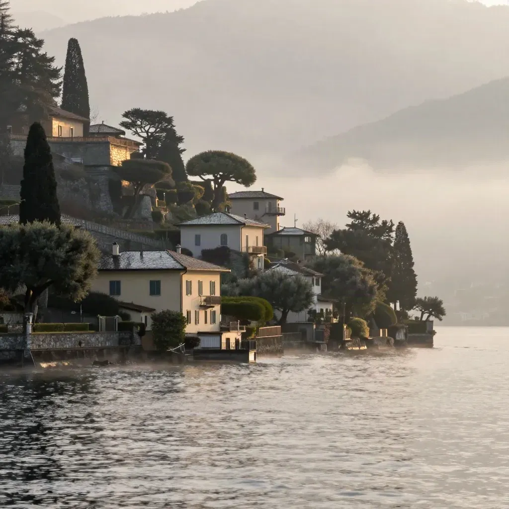 Vista del Lago di Como all’alba con ville stratificate e nebbia che sale dall’acqua