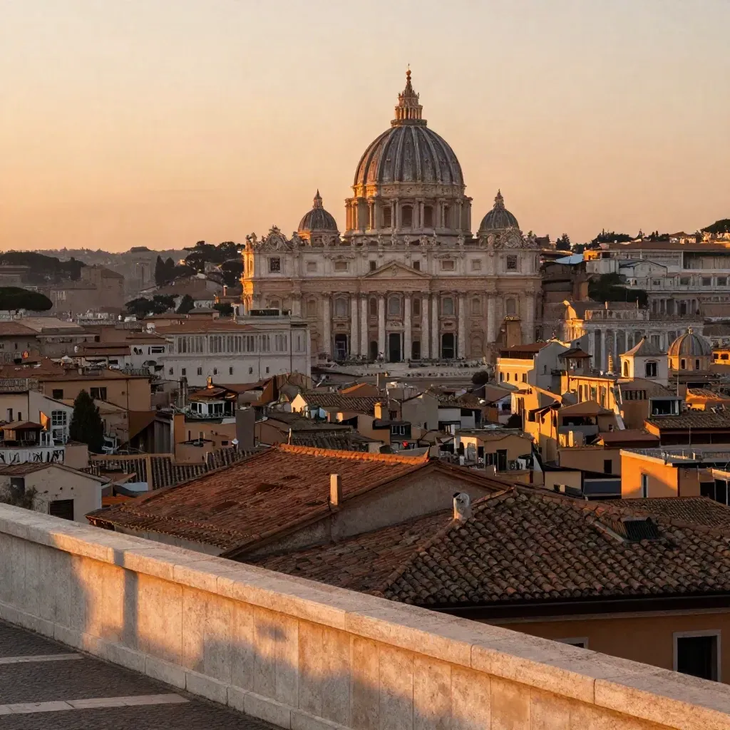 Skyline di Roma al tramonto con la cupola di San Pietro e tetti in terracotta nella foschia