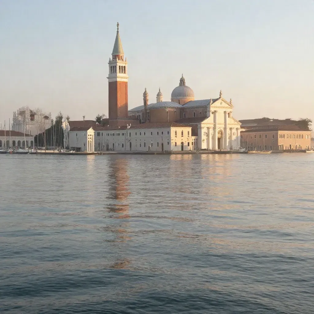 Laguna di Venezia al tramonto con San Giorgio, acqua argentata e campanile lontano