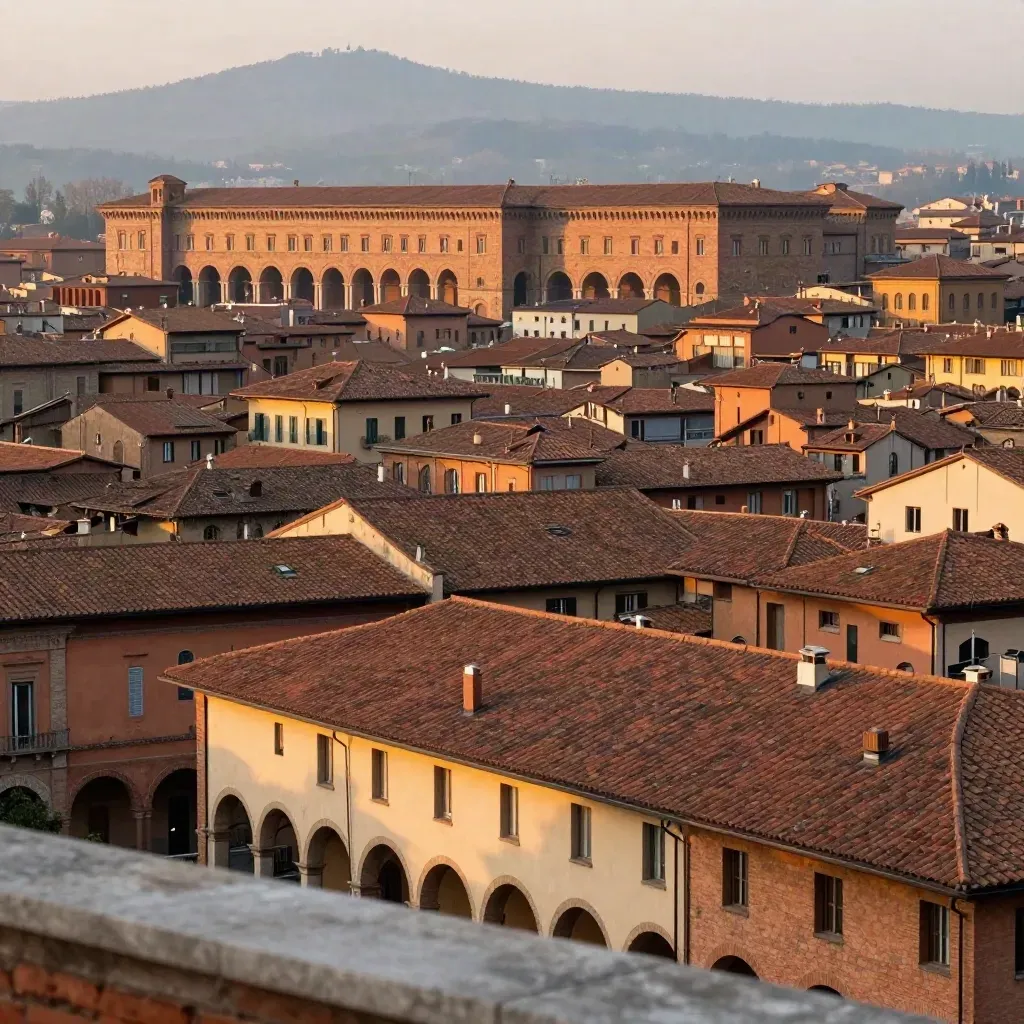 Panorama di Bologna all’alba con tetti rossi, portici e colline lontane nella foschia.